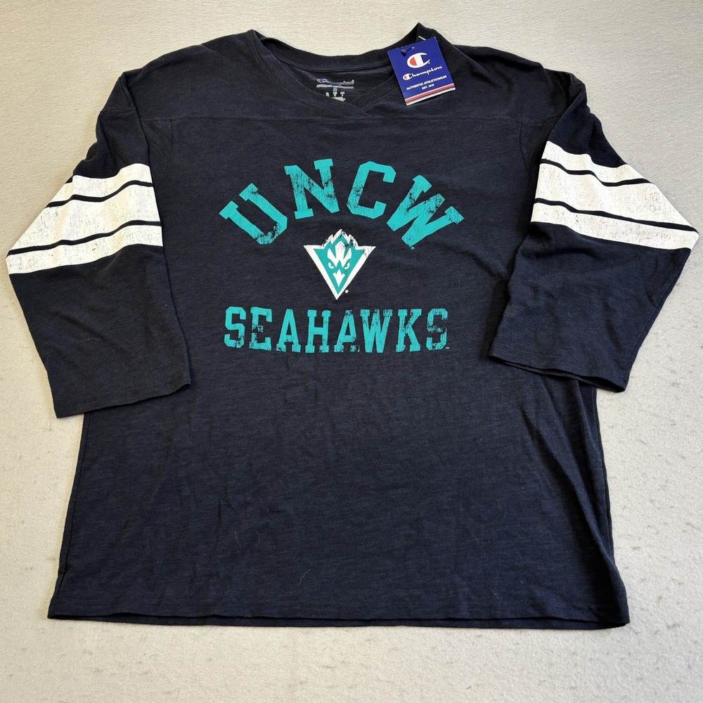 Champion UNCW Seahawks T-Shirt Womens M Navy Blue 3/4 Sleeve Graphic Tee NCAA